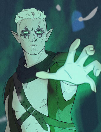 A digital illustration of He Who Was bathed in otherworldly green light. He is reaching forward, casting Speak with Dead. His expression is stern and intense with glowing eyes. White feathers float in the background.