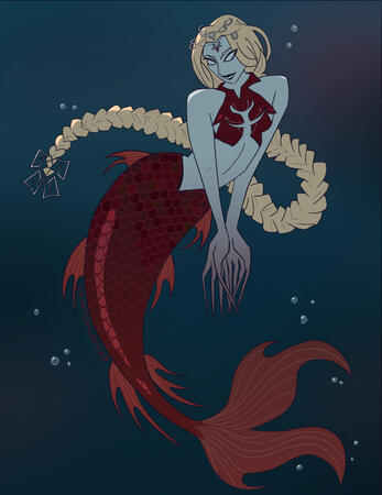 Orin for Mermay Stylised digital art of Orin the Red as a mermaid. She has long deadly fingers/claws and a red scaled tail.