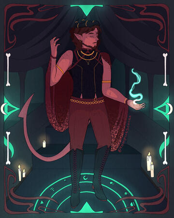 A tiefling with red skin and dark horns. He is channeling green magic which is glowing. The background is an underground temple with a stepped alter and candles.