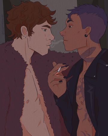 Smoke 2 guys in an intimate scene - one with curly brown hair wearing a furry coat, and another in a dark jacket and tattoos. The guy on the right is holding a cigarette with black-painted nails and blowing smoke at the other.