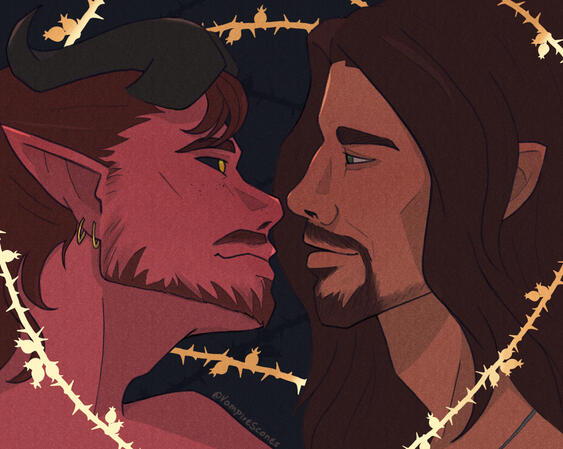 Make me gold Two characters in close proximity - a red-skinned tiefling with horns and yellow eyes, and a half-elf with long brown hair and pointed ears. Framed by decorative golden thorny vines against a dark background.