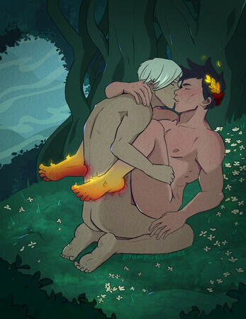 Fanart from the game Hades. A romantic scene in Elysium's green forests between Zagreus and Thanatos. They are both naked apart from Zagreus' laurel crown. His flaming feet are burning Thanatos' lower back but he doesn't seem to mind.