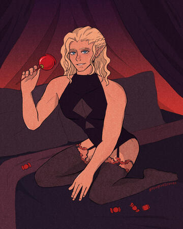 An illustration of a blonde half-elf man kneeling on a bed, wearing a black halter top and Halloween-themed stockings with lace details. He's holding a red candy apple and there are scattered candies on the bed.