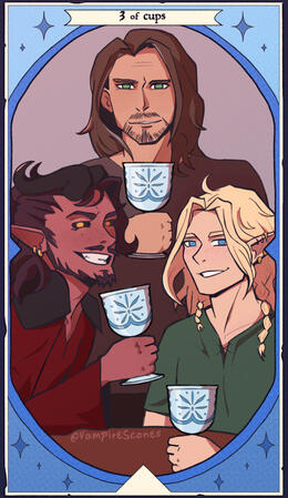 The three of cups tarot card. On it are 3 tavs, Veximor the tiefling necromancer, Zael the half-elf ranger and Sylas the half-elf cleric. All smiling and holding cups.